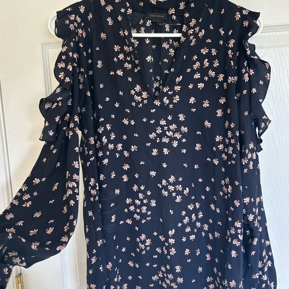 Ann Taylor Blue Ruffled Blouse with Pink Accents